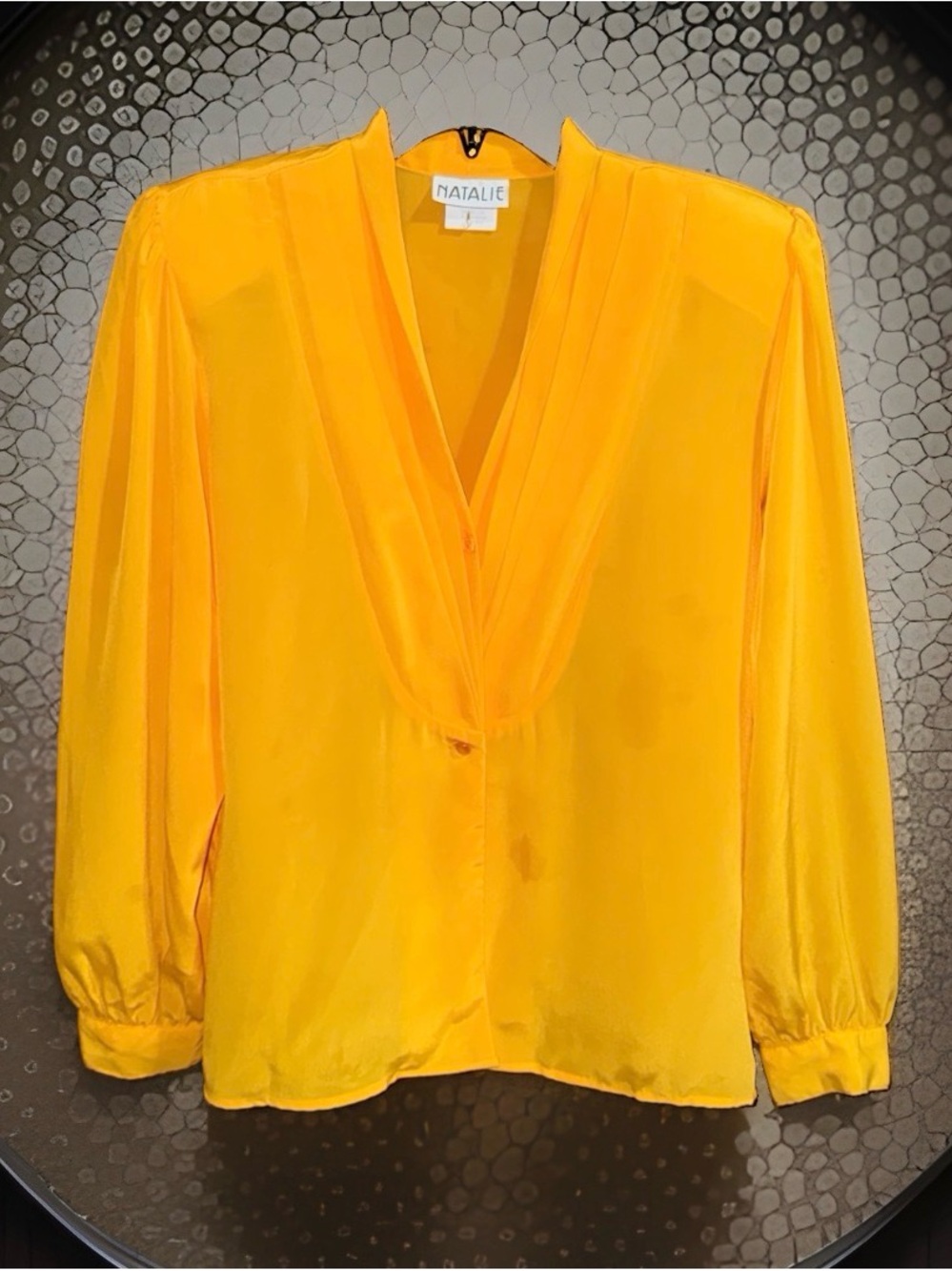 Vtg 80’s Natalie Golden Yellow Draped V-Neck Long Sl Button-Down Blouse-L-EC